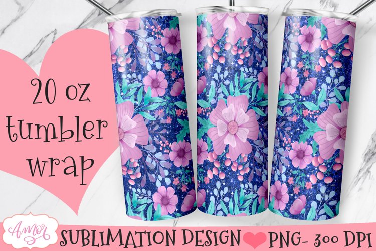 Glitter and flowers 20oz tumbler wrap sublimation PNG