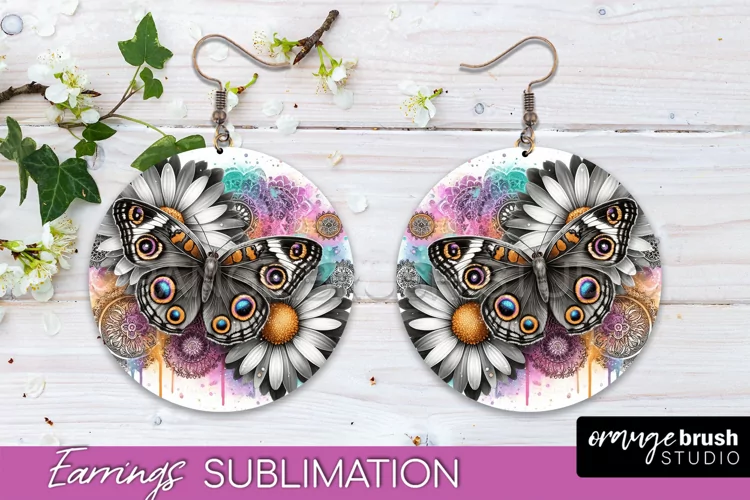 Butterfly Earrings Sublimation - Flower Round Earrings