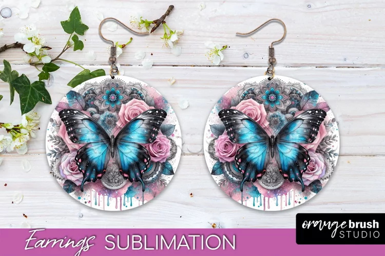 Butterfly Earrings Sublimation - Flower Round Earrings
