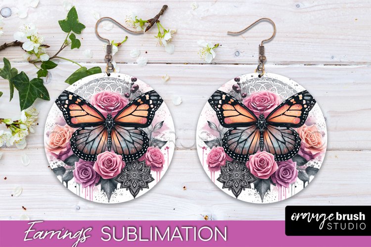 Butterfly Earrings Sublimation - Flower Round Earrings example image 1