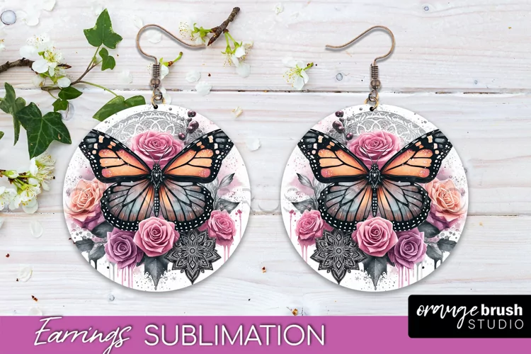 Butterfly Earrings Sublimation - Flower Round Earrings