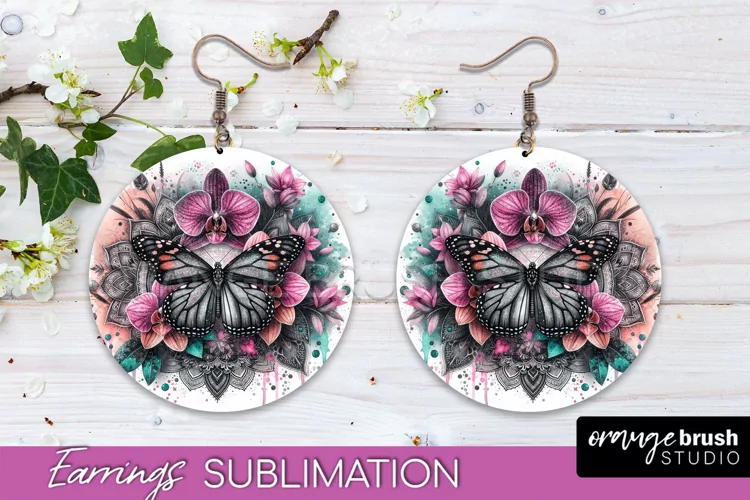 Butterfly Earrings Sublimation - Flower Round Earrings