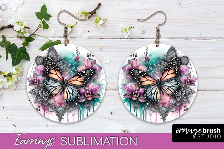 Butterfly Earrings Sublimation - Flower Round Earrings