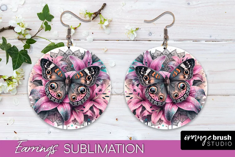 Butterfly Earrings Sublimation - Flower Round Earrings