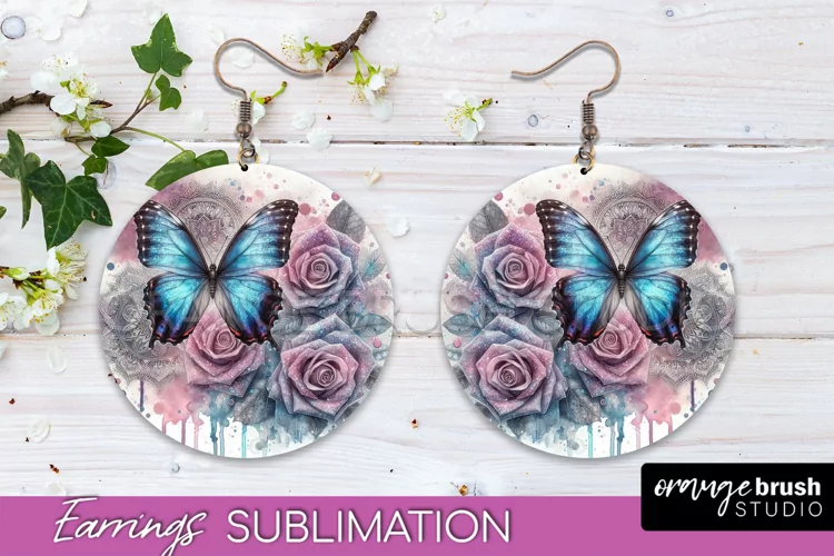 Butterfly Earrings Sublimation - Flower Round Earrings