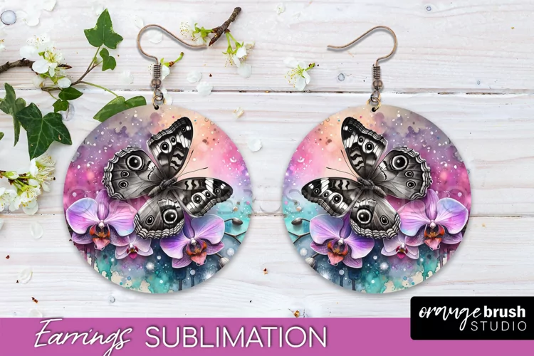 Butterfly Earrings Sublimation - Flower Round Earrings