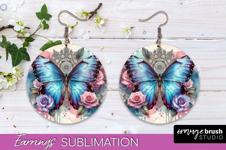 Butterfly Earrings Sublimation - Flower Round Earrings example image 1