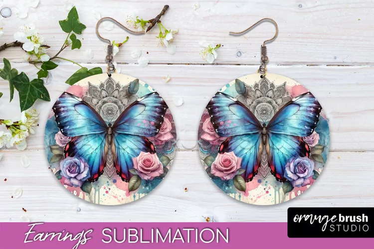 Butterfly Earrings Sublimation - Flower Round Earrings