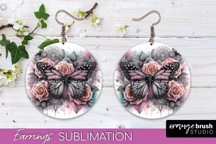 Butterfly Earrings Sublimation - Flower Round Earrings