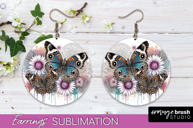 Butterfly Earrings Sublimation - Flower Round Earrings