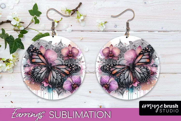 Butterfly Earrings Sublimation - Flower Round Earrings