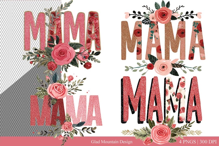 Mama glitter floral png, Mothers Day glitter mama word art