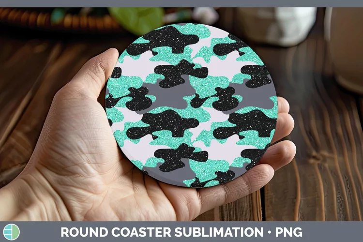 Glitter Teal Camo Round Coaster Sublimation Coaster Designs