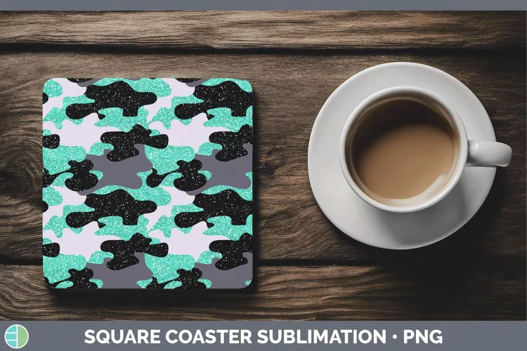 Glitter Teal Camo Square Coaster Sublimation Coaster Designs