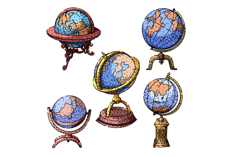 Hand drawn world globes showing geography and travel