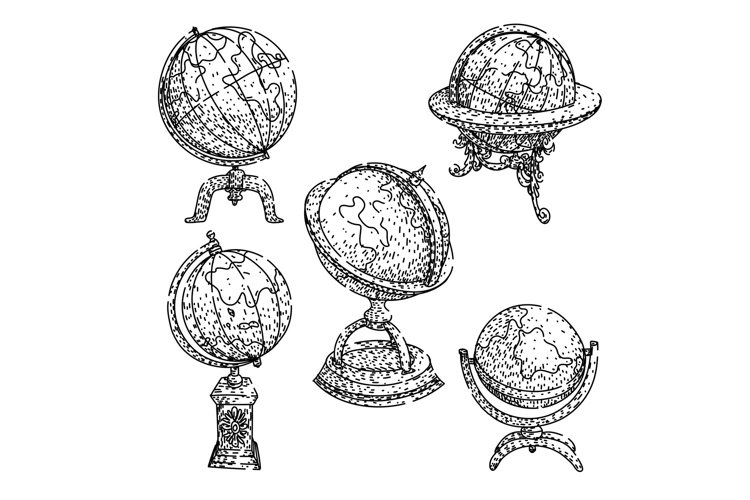 Vintage globes drawing set representing world geography educ