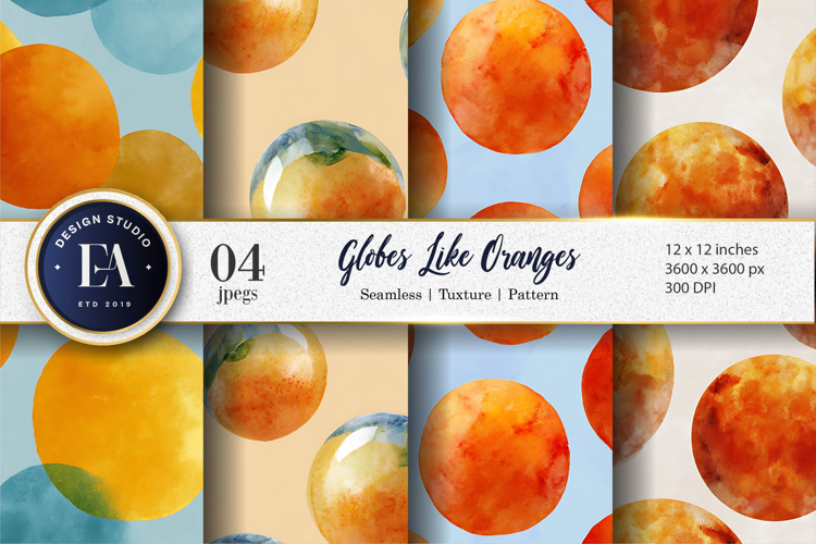 Orange Globes Watercolor Seamless Pattern Digital Paper