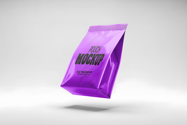 Glossy Floating Pouch Packaging PSD Mockup