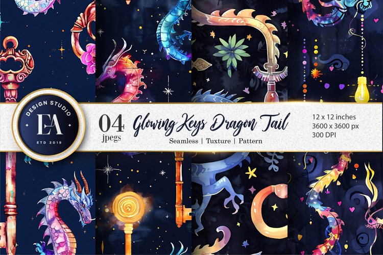 Glowing Keys with Dragon Tails Seamless Digital Paper