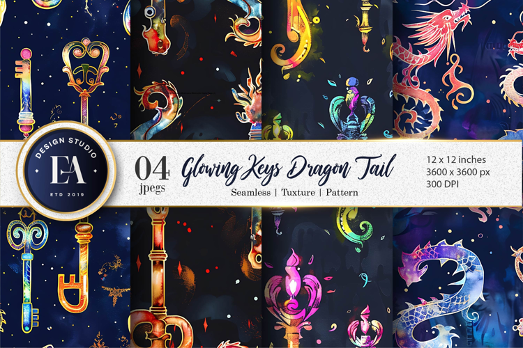 Fantasy Dragon Tail Keys Watercolor Pattern Digital Paper