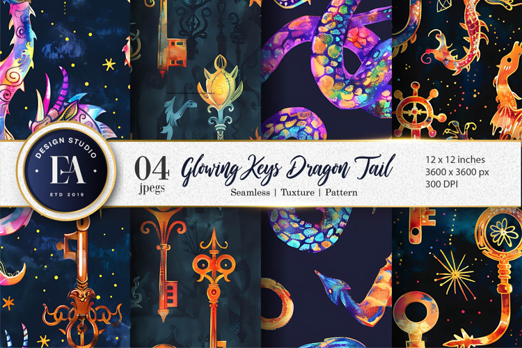 Fantasy Dragon Tail Keys Watercolor Pattern Digital Paper