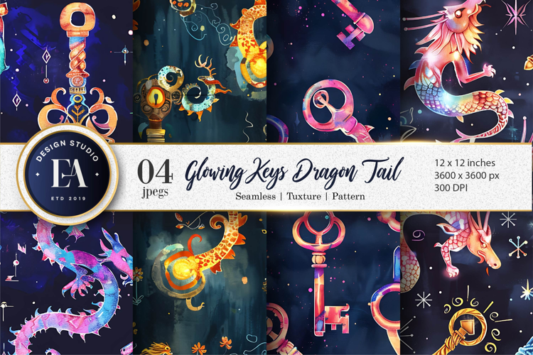 Whimsical Dragon Keys Glowing Watercolor Art Digital Paper