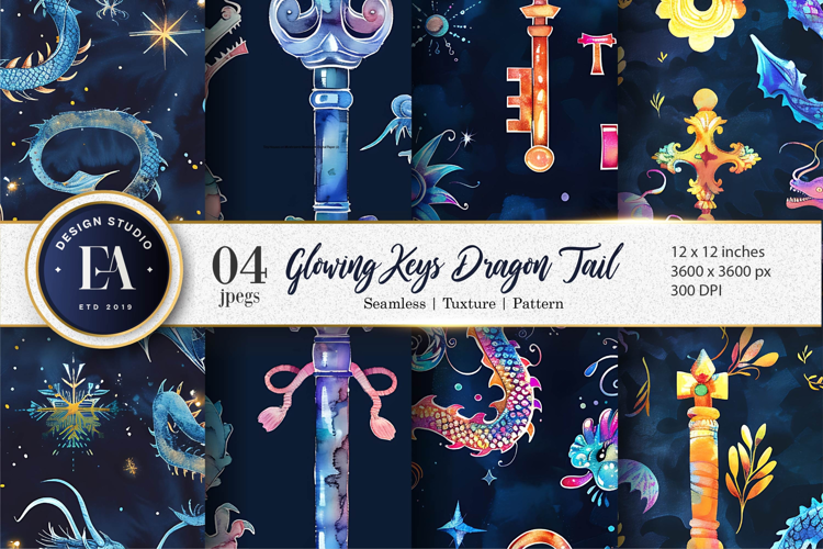 Fantasy Dragon Tail Keys Watercolor Pattern Digital Paper
