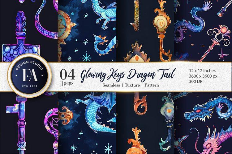 Glowing Keys with Dragon Tails Seamless Digital Paper