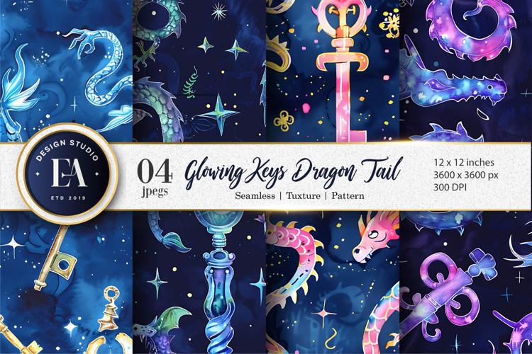 Whimsical Dragon Keys Glowing Watercolor Art Digital Paper