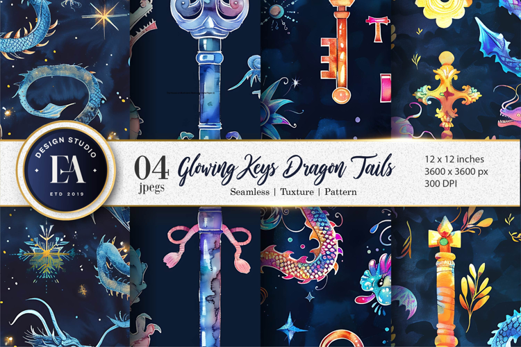 Glowing Keys with Dragon Tails Seamless Digital Paper