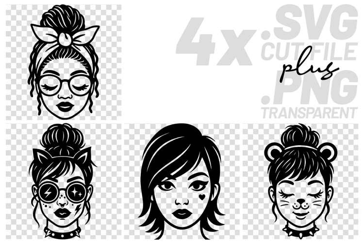 4x Messy Buns Cat Ears Lightning Glasses Girls SVG Cut Files