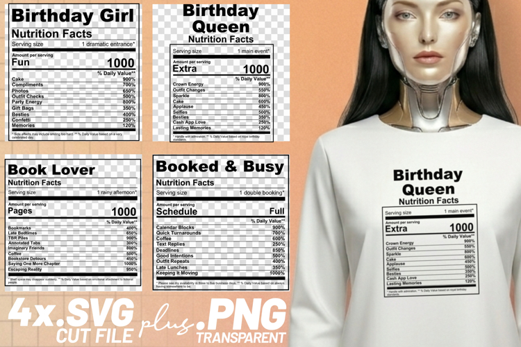 4x Nutrition Facts Birthday Book Lover SVG Design DIY