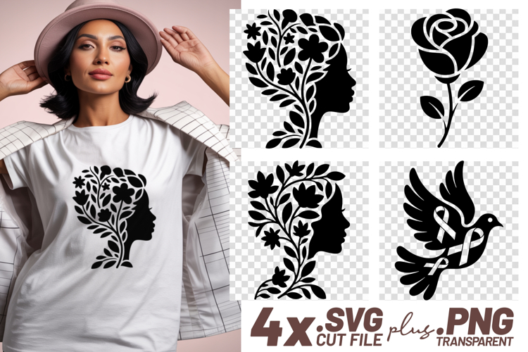 4x Breast Cancer Awareness Floral Woman Dove SVG Cuts
