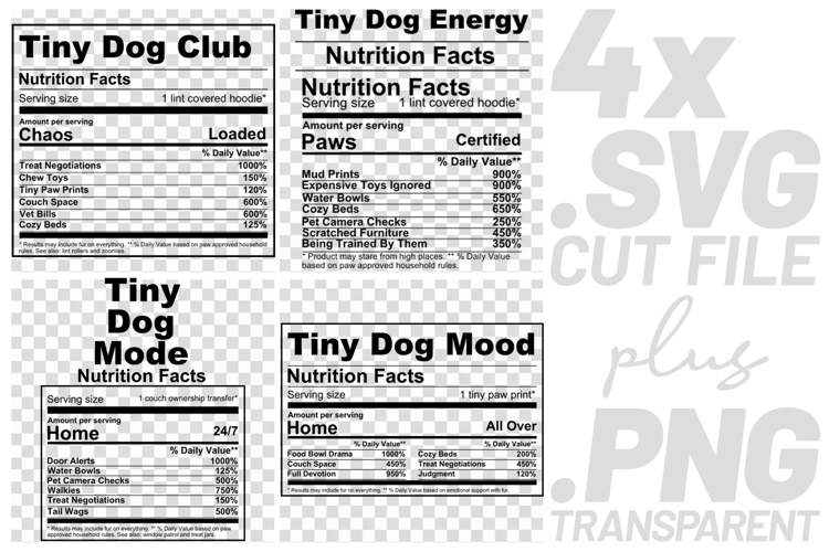 4x Funny Quotes Tiny Dog Club Nutrition Facts SVG Cut Files
