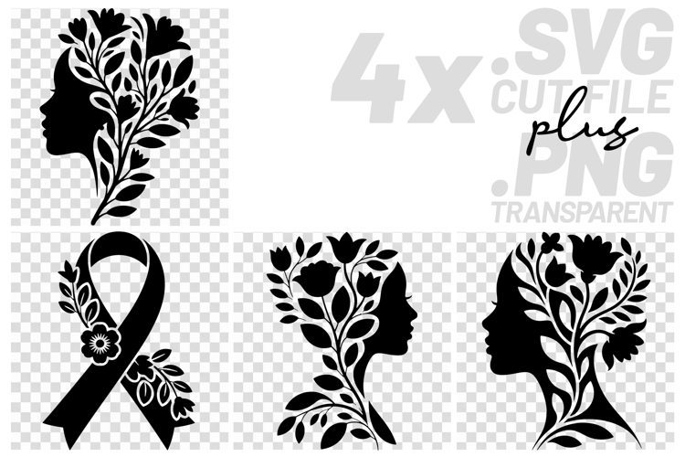 4x Breast Cancer Awareness Floral Profile Woman SVG Cut File
