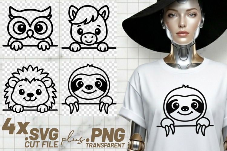 4x Owl Pony Hedgehog Sloth Peek SVG Cut Files Shirt Design