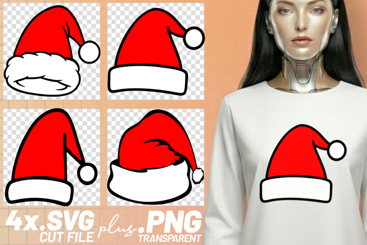 4x Santa Hats Fluffy White Brim Pom Pom SVG Cut Files Design