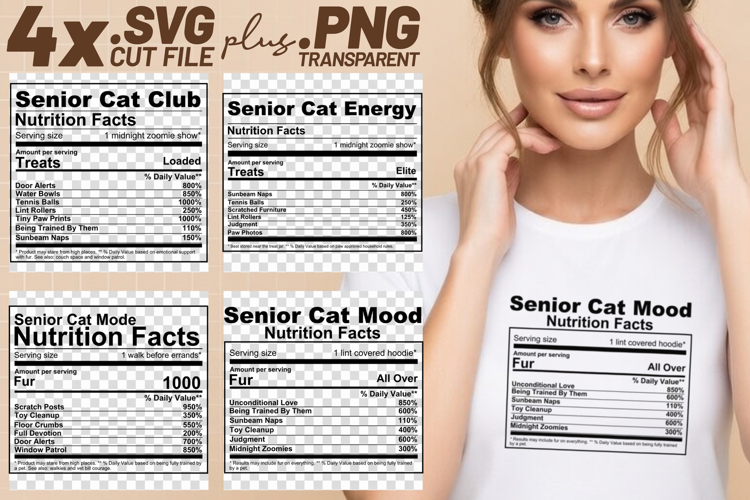 4x Funny Quotes Senior Cat Club Nutrition Fact SVG Cut Files