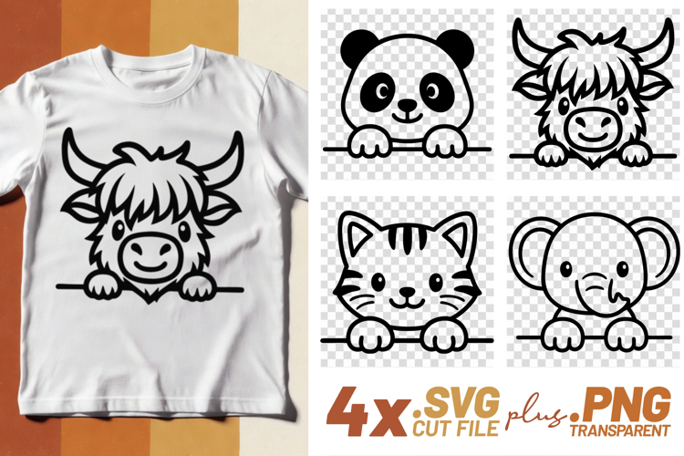 4x Panda Highland Cow Cat Elephant Peek SVG Cut Files Shirt