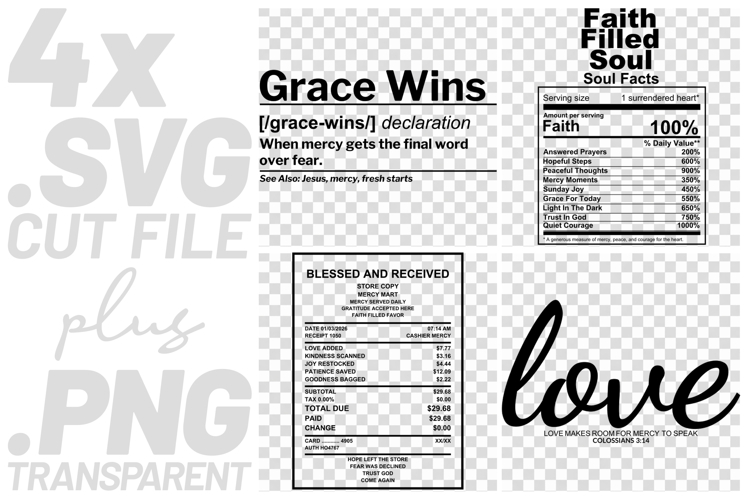 4x Christian Quotes Grace Wins Love Mercy SVG Cut Files Soul example image 1