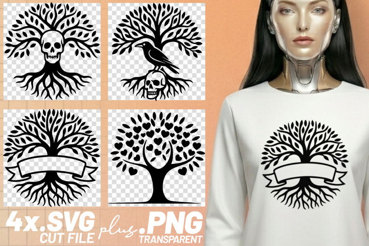 4x Tree Of Life Skull Raven Heart Leaves SVG Cut Files Shirt