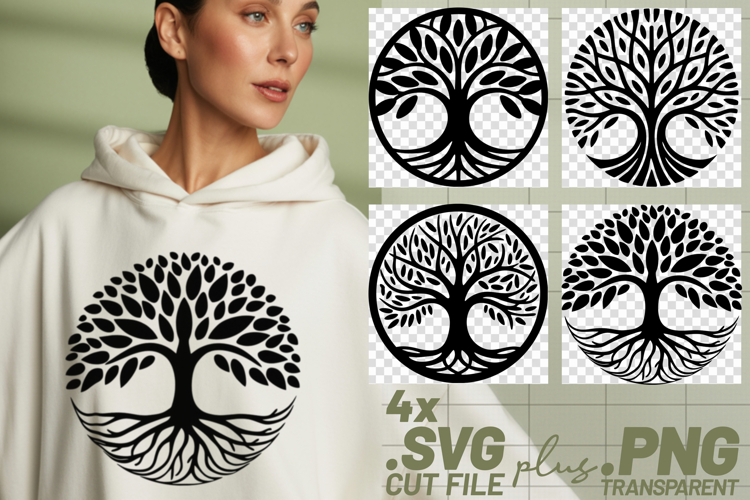4x Trees Of Life Circular Frames Roots Leaves SVGs Cut Files