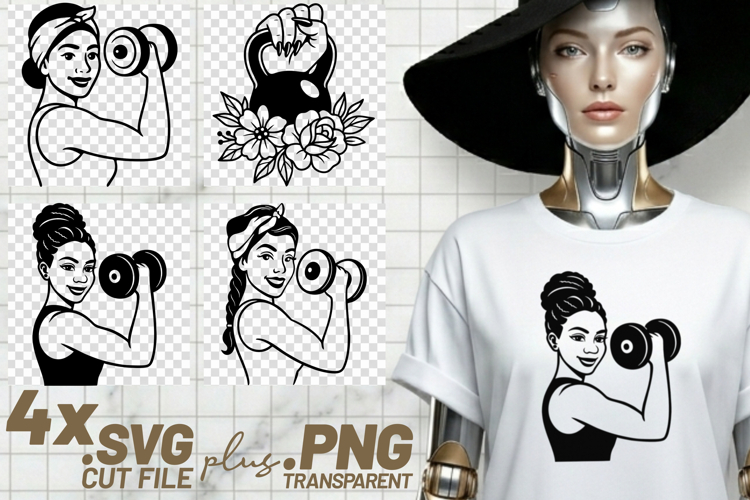 4x Fitness Women Dumbbell Headband Kettlebell SVG Cut Files