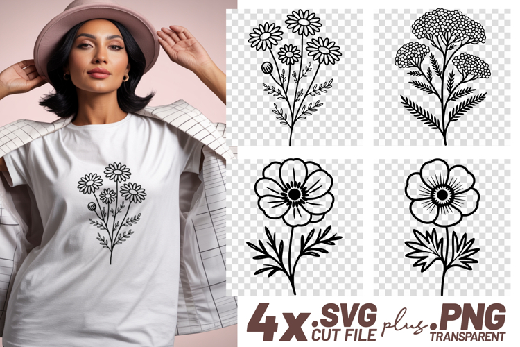 4x Floral SVG Botanical Daisy Anemone EPS Cut Files Cricuts