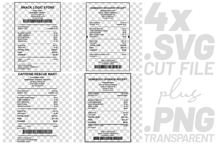 4x Homebody Receipts Blanket Rights Zero Plans SVG Cut Files