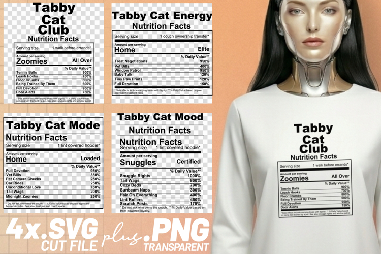 4x Funny Quotes Tabby Cat Club Nutrition Facts SVG Cut Files