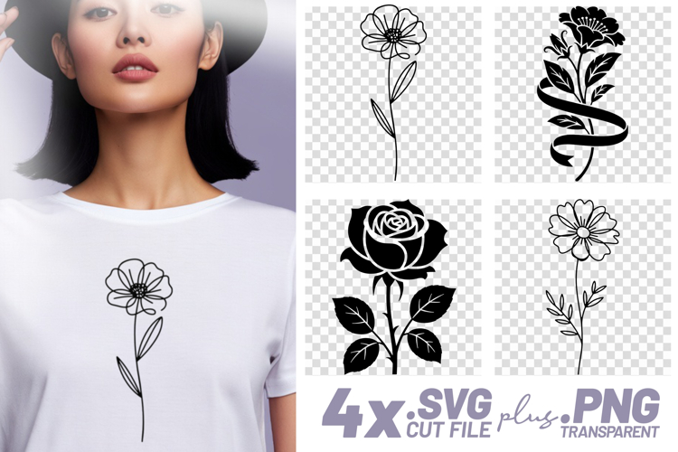 4x Floral SVG Poppy Rose Daisy EPS Cut Files Cricut PNG