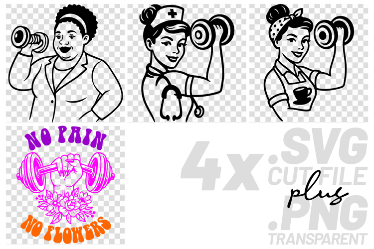 4x Fitness No Pain No Flowers Nurse Dumbbell SVG Cut Files