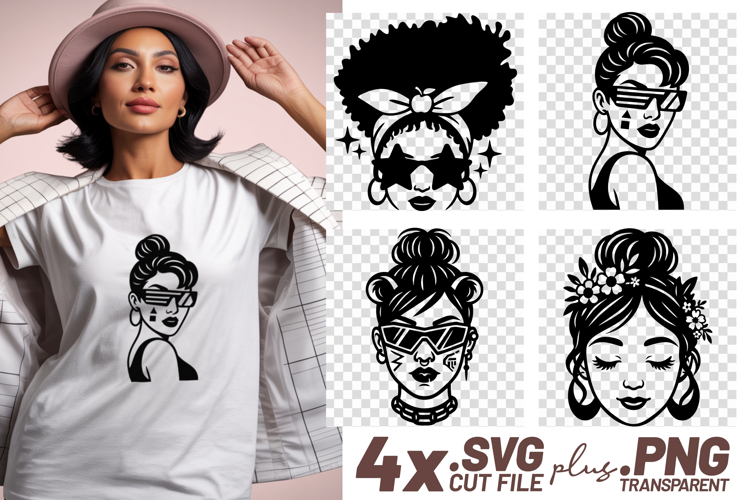 4x Afro Star Sunglasses Space Buns Women SVG Cut Files Shirt