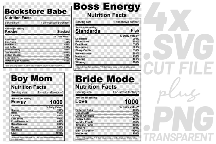 4x Nutrition Facts Quotes Top Cricut SVG Shirt Design